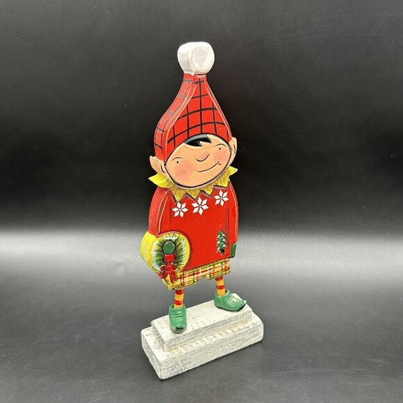 Christmas Elf Decoration Wood Figurine Laura Benge Freddy Wreath Pixie Kitsch - Picture 1 of 10